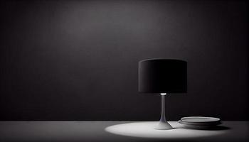lindo minimalista apresentação fundo com uma mesa e uma branco luminária contra uma Preto texturizado muro. gerar ai. foto