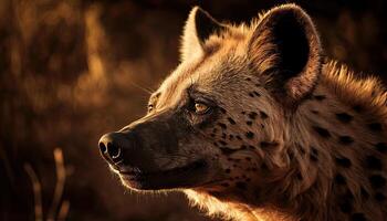 retrato do uma hiena dentro a manhã luz solar dentro a africano savana. generativo ai. foto