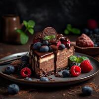 peça do chocolate bolo de queijo com fresco framboesas, amoras e chocolate. generativo ai foto