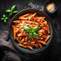 clássico italiano massa Macarrão Penne alla arrabiata com manjericão e recentemente parmesão queijo em Sombrio mesa. Macarrão Penne massa com molho. topo visualizar. generativo ai. foto