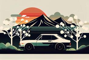 japonês carro em a fundo do a montanha. plano ilustração. ai gerado foto