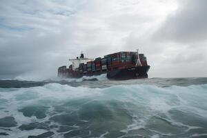 naufragado carga navio com recipientes dentro tormentoso mar com ampla ondas. generativo ai foto