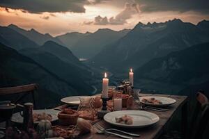 romântico jantar com Visão do montanha às pôr do sol. generativo ai foto