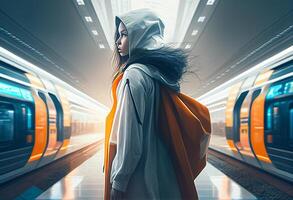 jovem mulher dentro uma capa de chuva em a plataforma do uma metrô estação generativo ai foto