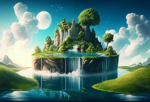 fantasia ilha com cachoeiras. 3d ilustração. elementos do isto imagem mobiliado de nasa generativo ai foto
