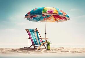 de praia cadeira e guarda-chuva em a areia contra azul céu com nuvens generativo ai foto
