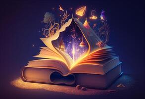 aberto livro com Magia símbolos e luzes. elegante brilhando fundo generativo ai foto