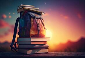 mochila com livros em de madeira mesa sobre pôr do sol céu fundo. costas para escola conceito generativo ai foto