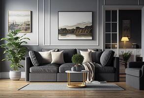 interior do moderno vivo quarto com sofá, café mesa, estante, 3d render generativo ai foto