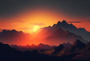 fantasia panorama com montanhas às pôr do sol. 3d render ilustração. generativo ai foto