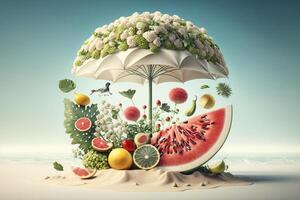 frutas debaixo guarda-chuva em a de praia. verão conceito 3d Renderização generativo ai foto