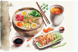 generativo ai ilustração do knolling japonês cozinha comida, aguarela pintura estilo, conjunto do ásia Comida foto