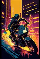 generativo ai ilustração do uma alta velocidade motocicleta correr atrás através uma iluminado por neon cidade, dentro uma corajoso quadrinho livro estilo foto