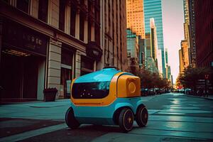 generativo ai ilustração do a futuro do Entrega tecnologia com Autônomo correio robôs dentro movimentado urbano paisagens, uma Entrega robô Como bem Como Autônomo Entrega carros criada de uma o negócio foto