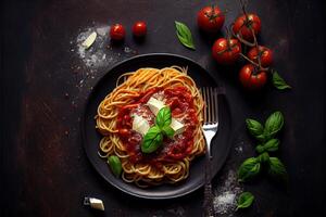 generativo ai ilustração do saboroso apetitoso clássico italiano espaguete massa com tomate molho, queijo parmesão e manjericão em prato em Sombrio mesa. Visão a partir de acima foto