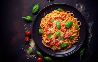 generativo ai ilustração do saboroso apetitoso clássico italiano espaguete massa com tomate molho, queijo parmesão e manjericão em prato em Sombrio mesa. Visão a partir de acima foto