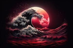 generativo ai ilustração do uma mar Sombrio noite panorama. vermelho luar refletido dentro a ondas do a oceano. mar tormentoso onda com espuma, japonês arte estilo foto