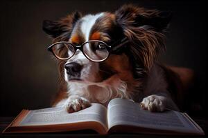 generativo ai ilustração do inteligente sério cachorro dentro óculos lendo uma livro, Volumn luz foto