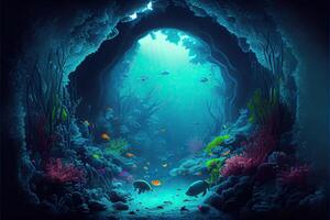 generativo ai ilustração do embaixo da agua mundo às a profundidade do a oceano. embaixo da agua desfiladeiros e túnel, organismos e peixe. embaixo da agua profundo mundo, mar escuridão, algas brilho, azul néon, corais. foto