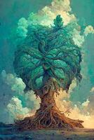 generativo ai ilustração do velho grande verde árvore com raízes, em seco terra, árvore do terra e vida, Magia árvore.digital arte, natureza conceito. foto
