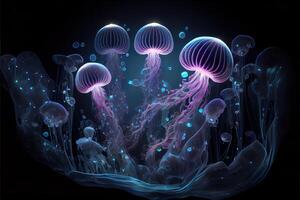 generativo ai ilustração do brilhando mar medusas em Sombrio fundo, luz, Magia, mar foto