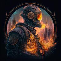 generativo ai ilustração do cyberpunk astronauta com uma industrial fumaça, mecânico detalhe em ombros, poluição, centrado dentro intrincado ouro e fogo círculo do cidade e arranha-céus foto