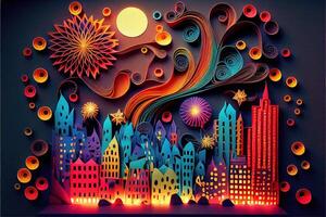 generativo ai ilustração do foto papel cortar dobrando multidimensional papel corte, construir papel ilustração, fogos de artifício e lindo cidade dentro Novo ano véspera, nacional dia com colori luzes, pop cor.