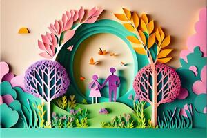 generativo ai ilustração do origami Primavera fundo, alegre idoso, feliz família com pai, colorido. papel cortar arte, 3d papel ilustração estilo, pop cor. neural rede gerado arte. foto