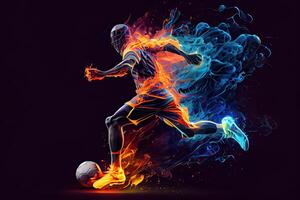 generativo ai ilustração do a essência do uma futebol jogador dentro movimento Como elas pontapé uma bola com intenso energia, cercado de vibrante cores e salpicos foto