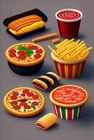 velozes Comida ícone definir. Hamburger, X-Burger, cachorro-quente, francês fritas, Hamburger, pizza, cebola argolas, tomate, cebola argolas, cebola argolas. realista vetor ilustração foto