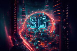 generativo ai ilustração do futurista cidade às noite, 5g Internet rede sem fio sistemas e Internet do coisas, inteligente cidade e comunicação rede conceito. foto