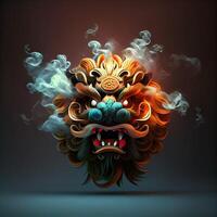 generativo ai ilustração do antropomórfico tradicional chinês leão dança, grande volta olhos, roliço corpo, chinês Primavera festival, luminoso partículas, fumaça foto