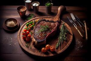 generativo ai ilustração do recentemente grelhado tomahawk bifes em de madeira corte quadro, soberbamente delicioso tomahawk bife, churrasco foto