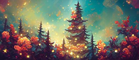 generativo ai ilustração do Natal decorado verde abeto árvores dentro inverno floresta, abstrato fantasia festivo Natal árvore, inverno abstrato panorama. luz solar dentro a inverno floresta. digital arte. foto
