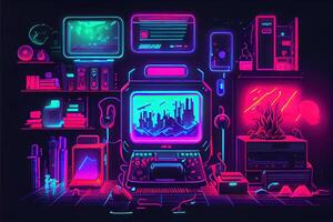 generativo ai ilustração do jogos fundo, abstrato cyberpunk estilo do jogador papel de parede, néon brilho luz do scifi fluorescente Gravetos. digitalmente gerado imagem foto