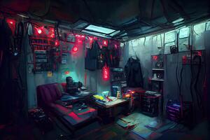 generativo ai ilustração do bagunçado e Sombrio cyberpunk hacker esconderijo quarto com luzes foto