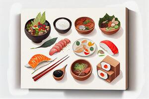 generativo ai ilustração do knolling japonês cozinha comida, aguarela pintura estilo, conjunto do ásia Comida foto