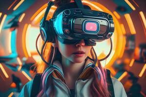 generativo ai ilustração do a entusiasmado jovem mulheres vestindo virtual realidade óculos é dentro a metaverso. metaverso conceito e virtual mundo elementos foto