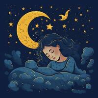 menina dormindo entre a azul céu, brilhante lua e estrelas, desenho animado com generativo ai foto