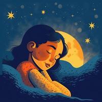menina dormindo entre a azul céu, brilhante lua e estrelas, desenho animado com generativo ai foto