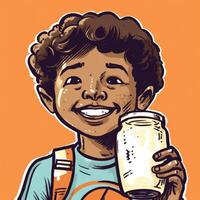 jovem Garoto bebendo leite, desenho animado ilustração com generativo ai foto