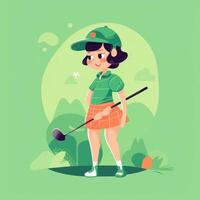 menina jogador de golfe jogando uma verde fundo, desenho animado ilustração com generativo ai foto