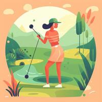 menina jogador de golfe jogando uma verde fundo, desenho animado ilustração com generativo ai foto