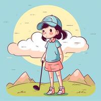 menina jogador de golfe jogando uma verde fundo, desenho animado ilustração com generativo ai foto