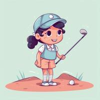 menina jogador de golfe jogando uma verde fundo, desenho animado ilustração com generativo ai foto