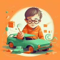 Garoto jogando com brinquedo carro, desenho animado ilustração com generativo ai foto