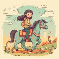 uma menina equitação em uma cavalo, desenho animado ilustração com generativo ai foto