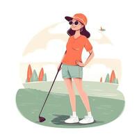 menina jogador de golfe jogando uma verde fundo, desenho animado ilustração com generativo ai foto