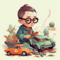 Garoto jogando com brinquedo carro, desenho animado ilustração com generativo ai foto