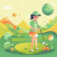 menina jogador de golfe jogando uma verde fundo, desenho animado ilustração com generativo ai foto